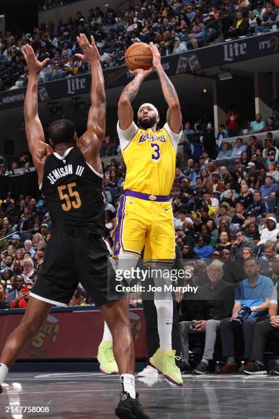 Anthony Davis of the Los Angeles Lakers shoots the ball during the game against the Memphis Grizzlies on April 12, 2024 at FedExForum in Memphis,...
