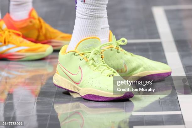 The sneakers worn by Anthony Davis of the Los Angeles Lakers during the game against the Memphis Grizzlies on April 12, 2024 at FedExForum in...