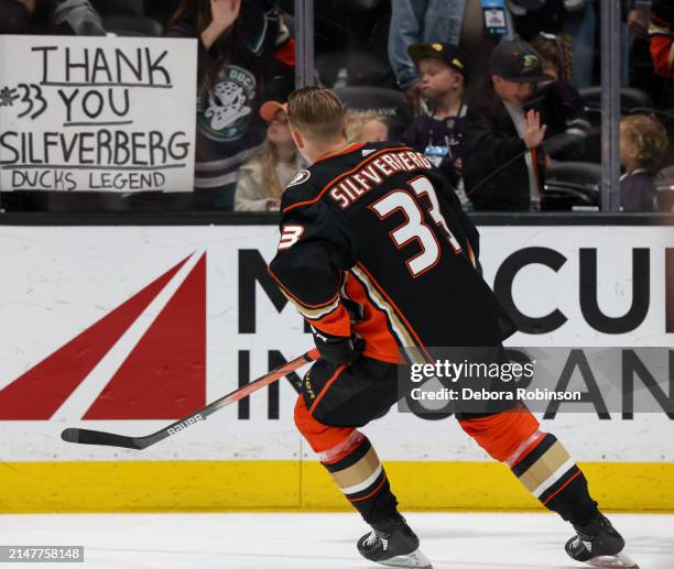 Jakob Silfverberg of the Anaheim Ducks looks on during warm ups prior to the game against the Calgary Flames at Honda Center on April 12, 2024 in...