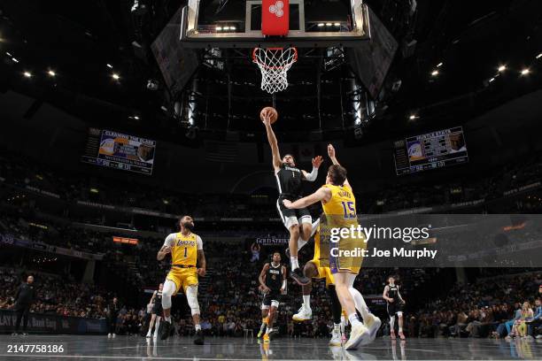 Scotty Pippen Jr. #1 of the Memphis Grizzlies drives to the basket during the game against the Los Angeles Lakers on April 12, 2024 at FedExForum in...