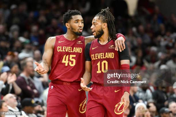 Donovan Mitchell of the Cleveland Cavaliers talks with Darius Garland during the second half against the Indiana Pacers at Rocket Mortgage Fieldhouse...