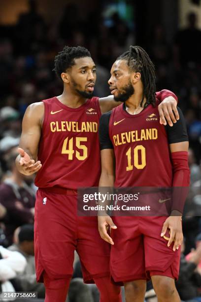 Donovan Mitchell of the Cleveland Cavaliers talks with Darius Garland during the second half against the Indiana Pacers at Rocket Mortgage Fieldhouse...