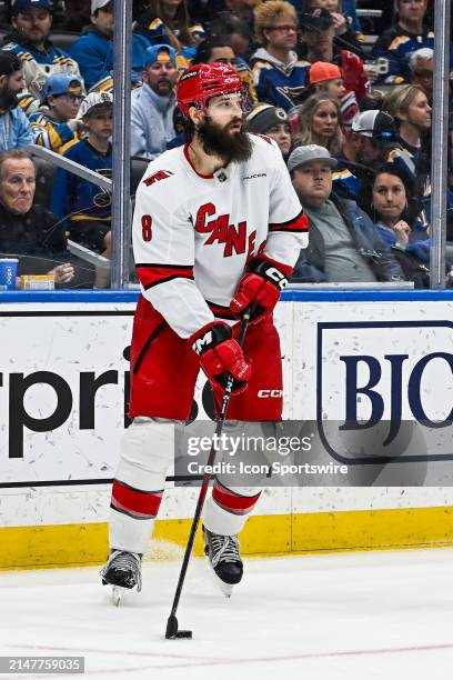 April 12: Carolina Hurricanes defenseman Brent Burns waits for a passing play to develop during a regular season game between the Carolina Hurricanes...