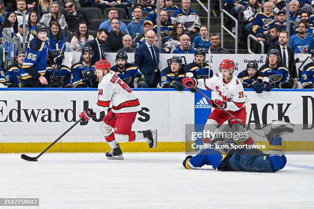 April 12: Carolina Hurricanes center Jake Guentzel avoids the diving St. Louis Blues center Robert Thomas to find himself all alone with for an empty...