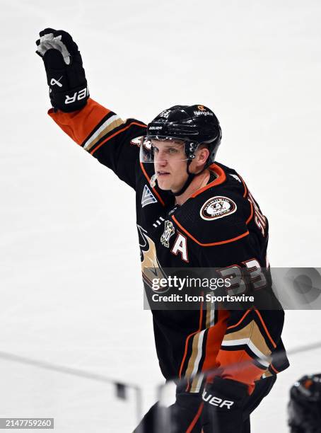 Anaheim Ducks right wing Jakob Silfverberg waves to the fans after it is announced he will retire from the NHL after this season during an NHL hockey...