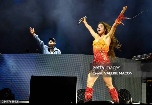 Colombian singer Shakira performs with Argentine record producer and songwriter Bizarrap on the Sahara Stage during the Coachella Valley Music and...