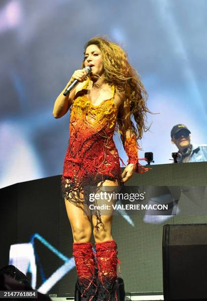 Colombian singer Shakira performs with Argentine record producer and songwriter Bizarrap on the Sahara Stage during the Coachella Valley Music and...