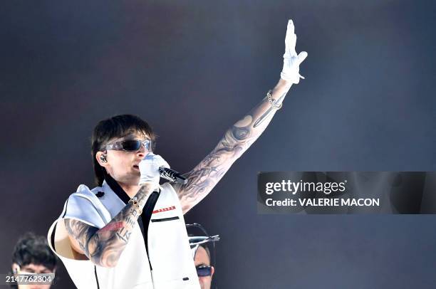 Mexican singer Peso Pluma performs on the Coachella Stage during the Coachella Valley Music and Arts Festival in Indio, California, on April 12, 2024.