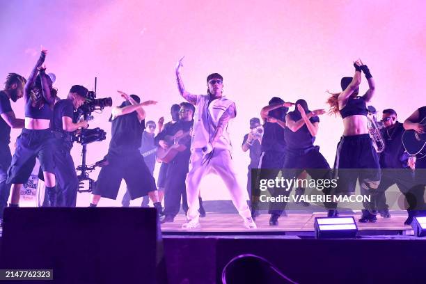 Mexican singer Peso Pluma performs on the Coachella Stage during the Coachella Valley Music and Arts Festival in Indio, California, on April 12, 2024.