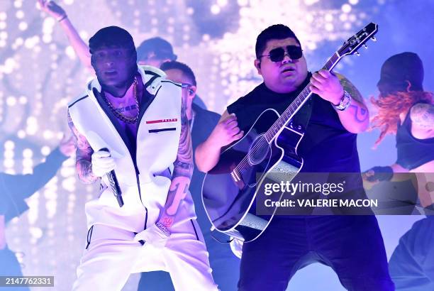 Mexican singer Peso Pluma performs on the Coachella Stage during the Coachella Valley Music and Arts Festival in Indio, California, on April 12, 2024.