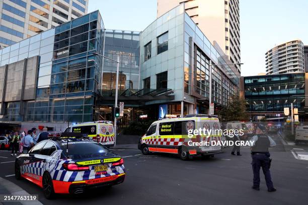 Police cordon off the Westfield Bondi Junction shopping mall after a stabbing incident in Sydney on April 13, 2024. Australian police on April 13...