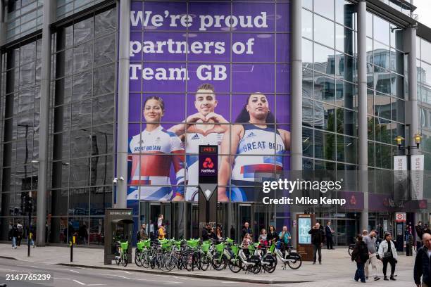 Team GB BMX cyclist Beth Shriever, gymnast Max Whitlock, a three time Olympic champion and weightlifter Emily Campbell featuring on a large scale...