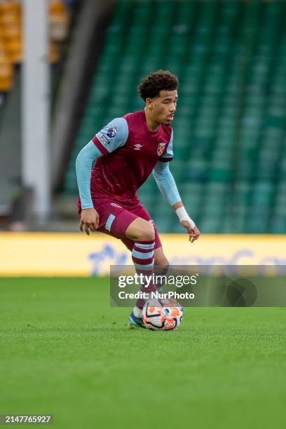 Junior Robinson of West Ham United is on the ball during the Premier League 2 match between Norwich City and West Ham United at Carrow Road in...