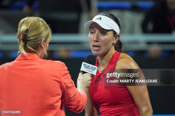 American Jessica Pegula talks to the interviewer after the first match between US Pegula and Belgian Costoulas on the first day of the meeting...