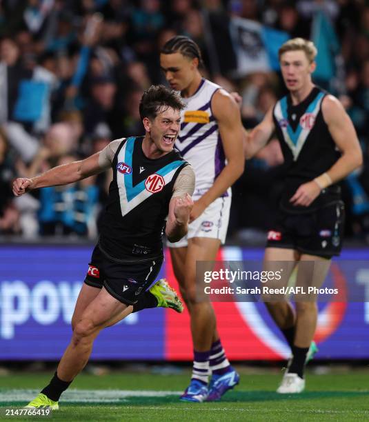 Zak Butters of the Power celebrates a goal during the 2024 AFL Round 05 match between the Port Adelaide Power and the Fremantle Dockers at Adelaide...