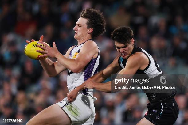 Jye Amiss of the Dockers clashes with Brandon Zerk-Thatcher of the Power during the 2024 AFL Round 05 match between the Port Adelaide Power and the...