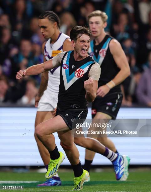 Zak Butters of the Power celebrates a goal during the 2024 AFL Round 05 match between the Port Adelaide Power and the Fremantle Dockers at Adelaide...