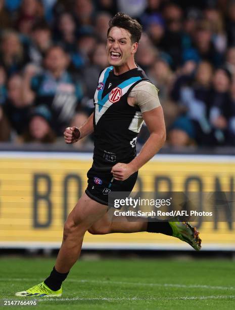 Zak Butters of the Power celebrates a goal during the 2024 AFL Round 05 match between the Port Adelaide Power and the Fremantle Dockers at Adelaide...