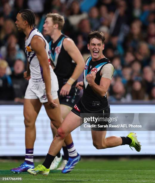 Zak Butters of the Power celebrates a goal during the 2024 AFL Round 05 match between the Port Adelaide Power and the Fremantle Dockers at Adelaide...