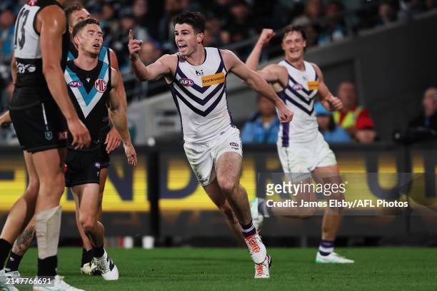 Andrew Brayshaw of the Dockers celebrates a goal during the 2024 AFL Round 05 match between the Port Adelaide Power and the Fremantle Dockers at...