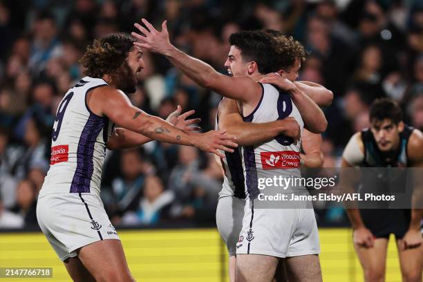 Andrew Brayshaw of the Dockers celebrates a goal during the 2024 AFL Round 05 match between the Port Adelaide Power and the Fremantle Dockers at...