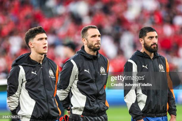 Leonardo BALERDI, Pau LOPEZ and Samuel GIGOT of Marseille prior the UEFA Europa League Quarter-finals match between Benfica and Marseille at Estadio...