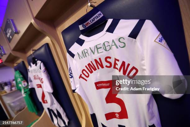 Conor Townsend of West Bromwich Albion shirt and the captains armband hangs inside the away dressing room ahead of the Sky Bet Championship match...