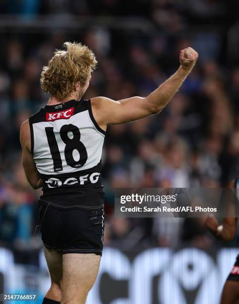 Jason Horne-Francis of the Power celebrates a goal during the 2024 AFL Round 05 match between the Port Adelaide Power and the Fremantle Dockers at...