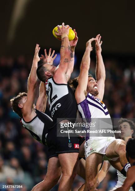 Charlie Dixon of the Power marks the ball in the goal square and kicks a goal during the 2024 AFL Round 05 match between the Port Adelaide Power and...