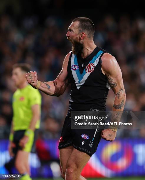 Charlie Dixon of the Power celebrates a goal during the 2024 AFL Round 05 match between the Port Adelaide Power and the Fremantle Dockers at Adelaide...