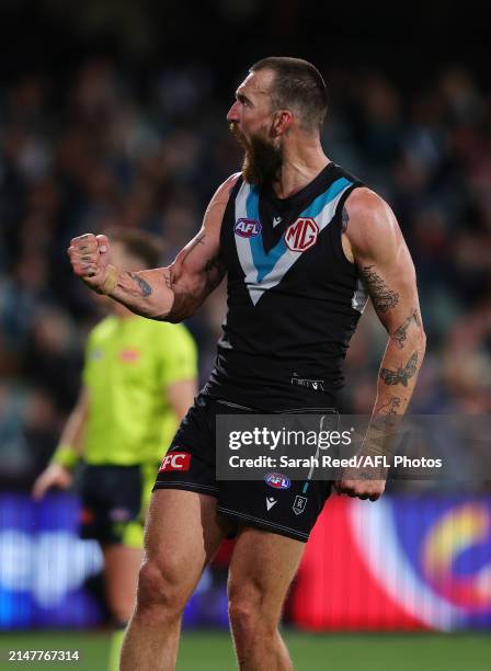 Charlie Dixon of the Power celebrates a goal during the 2024 AFL Round 05 match between the Port Adelaide Power and the Fremantle Dockers at Adelaide...