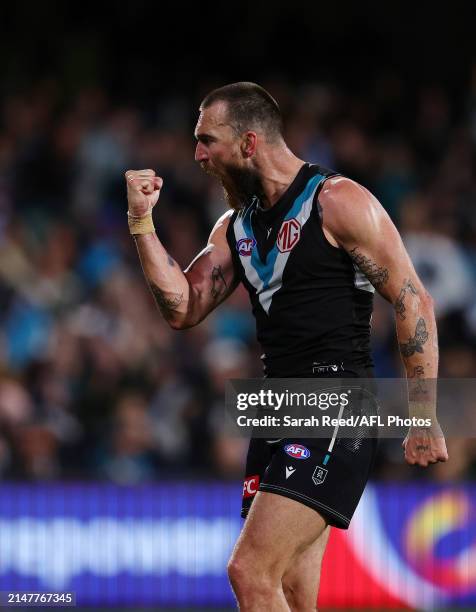 Charlie Dixon of the Power celebrates a goal during the 2024 AFL Round 05 match between the Port Adelaide Power and the Fremantle Dockers at Adelaide...