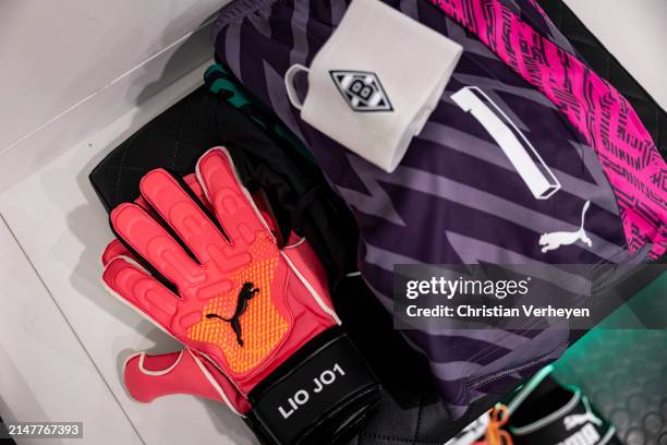 The shorts, goalkeeper gloves and captains armband of Jonas Omlin inside the dressing room of Borussia Moenchengladbach ahead of the Bundesliga match...