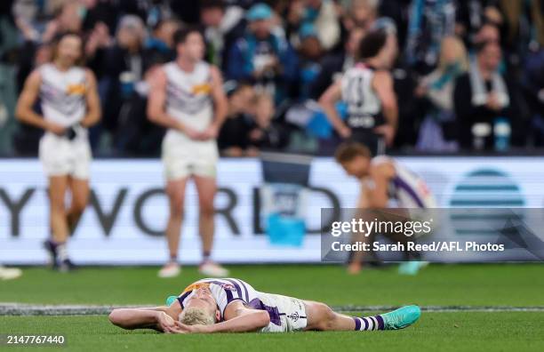 Luke Ryan of the Dockers reacts on the siren after the loss during the 2024 AFL Round 05 match between the Port Adelaide Power and the Fremantle...