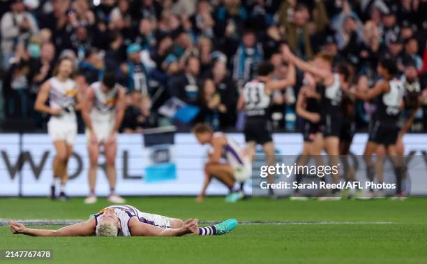 Luke Ryan of the Dockers reacts on the siren to the loss during the 2024 AFL Round 05 match between the Port Adelaide Power and the Fremantle Dockers...