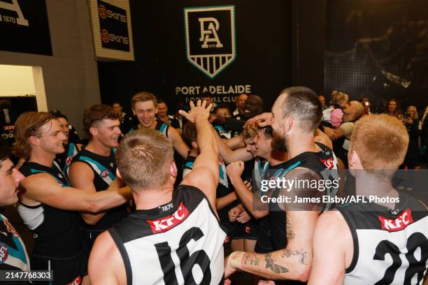 The Power celebrates their win during the 2024 AFL Round 05 match between the Port Adelaide Power and the Fremantle Dockers at Adelaide Oval on April...