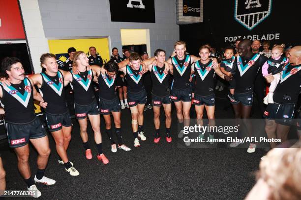 The Power celebrates their win during the 2024 AFL Round 05 match between the Port Adelaide Power and the Fremantle Dockers at Adelaide Oval on April...