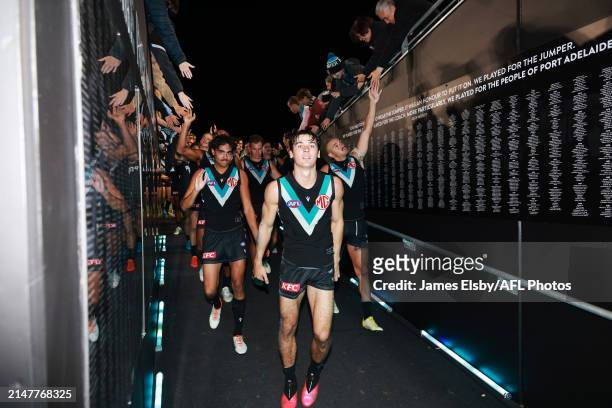 Connor Rozee of the Power celebrates their win during the 2024 AFL Round 05 match between the Port Adelaide Power and the Fremantle Dockers at...