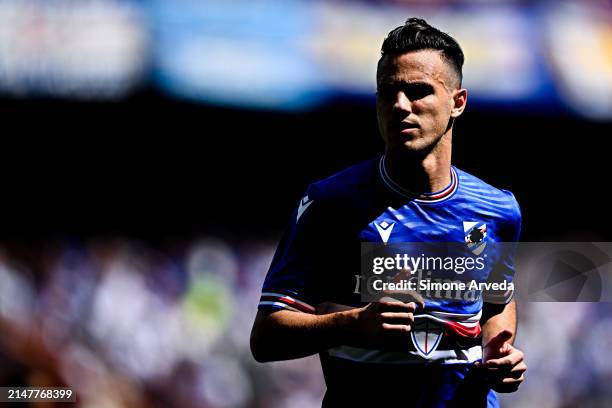 Valerio Verre of Sampdoria looks on during the Serie B match between UC Sampdoria and Sudtirol at Stadio Luigi Ferraris on April 13, 2024 in Genoa,...