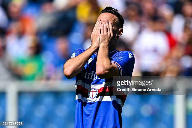 Valerio Verre of Sampdoria reacts with disappointment during the Serie B match between UC Sampdoria and Sudtirol at Stadio Luigi Ferraris on April...