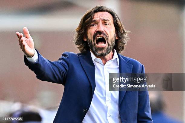 Andrea Pirlo, head coach of Sampdoria, reacts during the Serie B match between UC Sampdoria and Sudtirol at Stadio Luigi Ferraris on April 13, 2024...