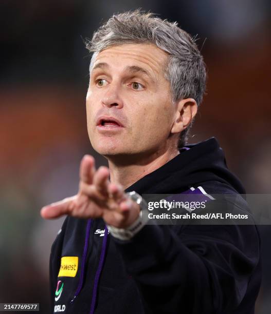 Justin Longmuir, Senior Coach of the Dockers during the 2024 AFL Round 05 match between the Port Adelaide Power and the Fremantle Dockers at Adelaide...