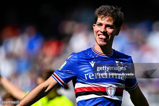 Estanislau Pedrola of Sampdoria reacts during the Serie B match between UC Sampdoria and Sudtirol at Stadio Luigi Ferraris on April 13, 2024 in...