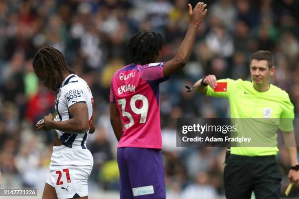 Brandon Thomas-Asante of West Bromwich Albion is shown a red card after two yellows in quick succession by referee Matthew Donohue during the Sky Bet...