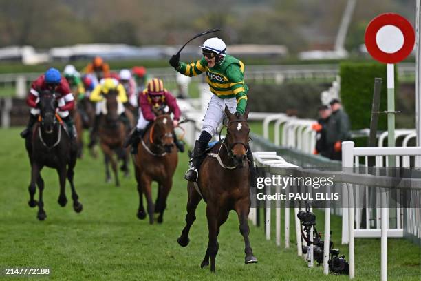 Jockey Paul Townend rides I Am Maximus past the finish line to win the Grand National Steeple Chase on the final day of the Grand National Festival...