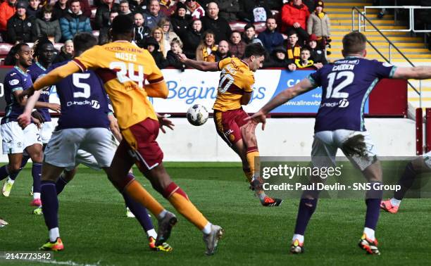 Motherwell's Shane Blaney scores to make it 1-1 during a cinch Premiership match between Motherwell and Hibernian at Fir Park, on April 13 in...