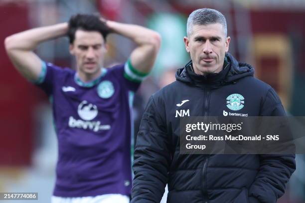 Hibs Manager Nick Montgomery at Full Time during a cinch Premiership match between Motherwell and Hibernian at Fir Park, on April 13 in Motherwell,...