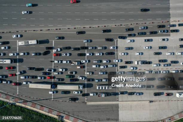 An aerial view of the Istanbul-Izmir highway during the last day of Eid al-Fitr in Bursa, Turkiye on April 13, 2024. Those who returning to their...