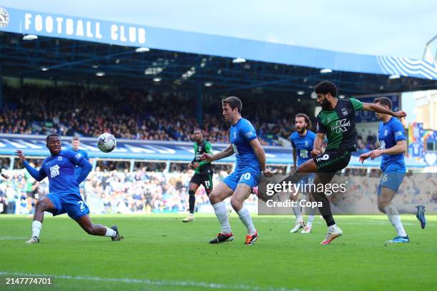 Ellis Simms of Coventry City has a shot at goal during the Sky Bet Championship match between Birmingham City and Coventry City at St Andrews on...