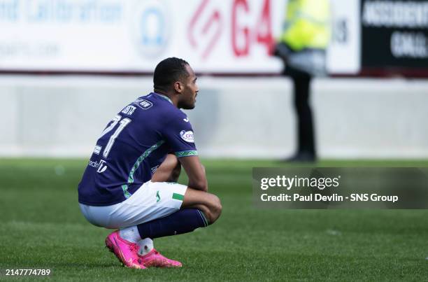 Hibs Jordan Obita at Full Time during a cinch Premiership match between Motherwell and Hibernian at Fir Park, on April 13 in Motherwell, Scotland.